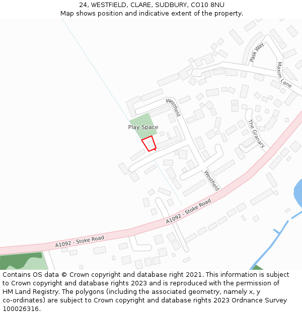 24, WESTFIELD, CLARE, SUDBURY, CO10 8NU: Location map and indicative extent of plot