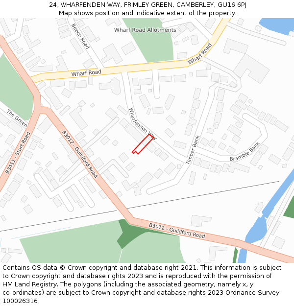 24, WHARFENDEN WAY, FRIMLEY GREEN, CAMBERLEY, GU16 6PJ: Location map and indicative extent of plot