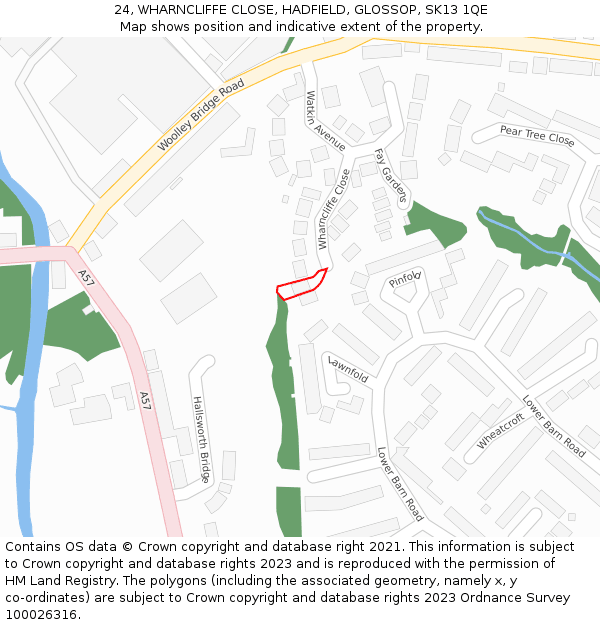 24, WHARNCLIFFE CLOSE, HADFIELD, GLOSSOP, SK13 1QE: Location map and indicative extent of plot
