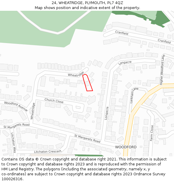 24, WHEATRIDGE, PLYMOUTH, PL7 4QZ: Location map and indicative extent of plot