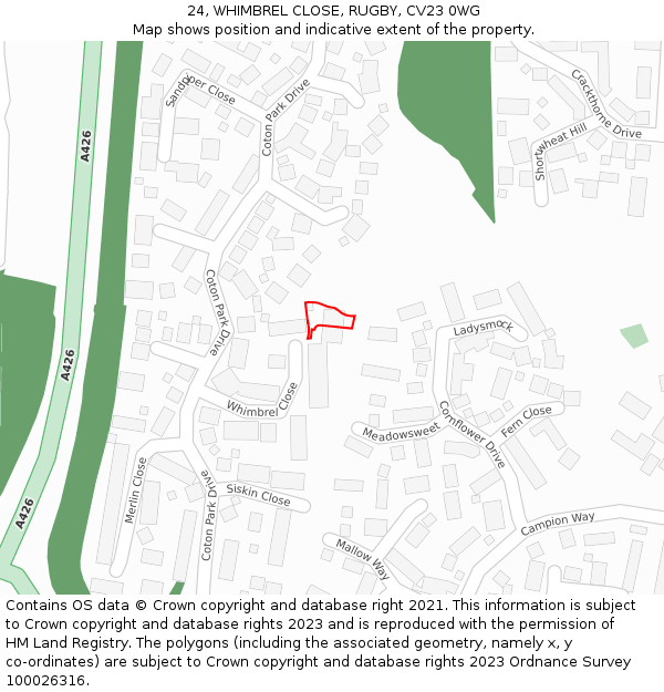 24, WHIMBREL CLOSE, RUGBY, CV23 0WG: Location map and indicative extent of plot