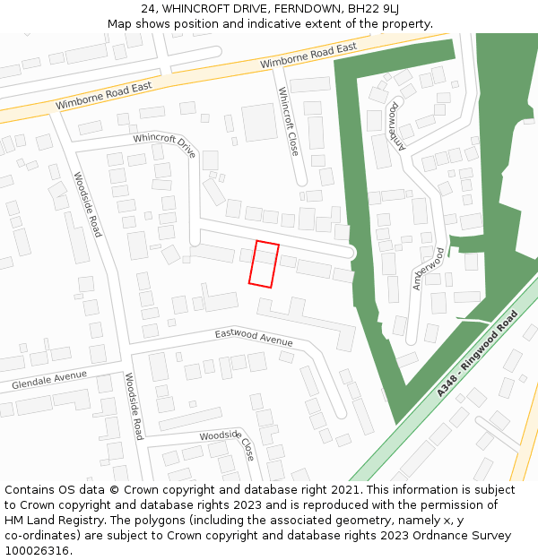 24, WHINCROFT DRIVE, FERNDOWN, BH22 9LJ: Location map and indicative extent of plot