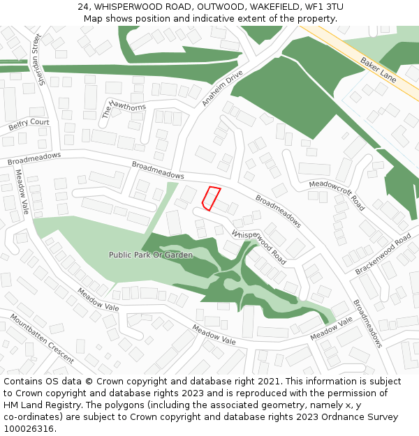 24, WHISPERWOOD ROAD, OUTWOOD, WAKEFIELD, WF1 3TU: Location map and indicative extent of plot