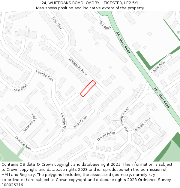 24, WHITEOAKS ROAD, OADBY, LEICESTER, LE2 5YL: Location map and indicative extent of plot