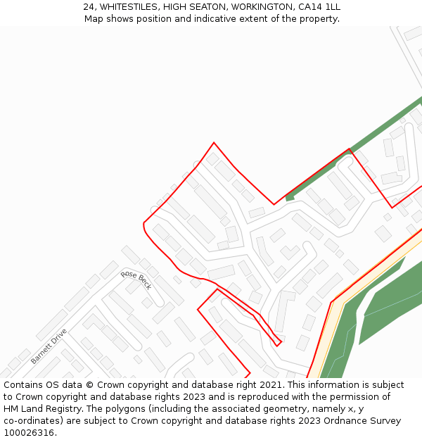 24, WHITESTILES, HIGH SEATON, WORKINGTON, CA14 1LL: Location map and indicative extent of plot