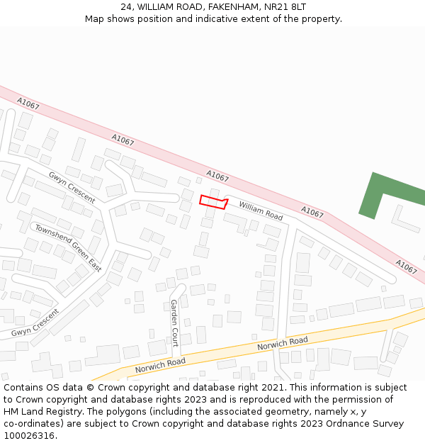 24, WILLIAM ROAD, FAKENHAM, NR21 8LT: Location map and indicative extent of plot