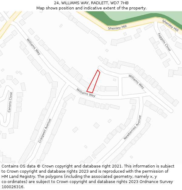 24, WILLIAMS WAY, RADLETT, WD7 7HB: Location map and indicative extent of plot