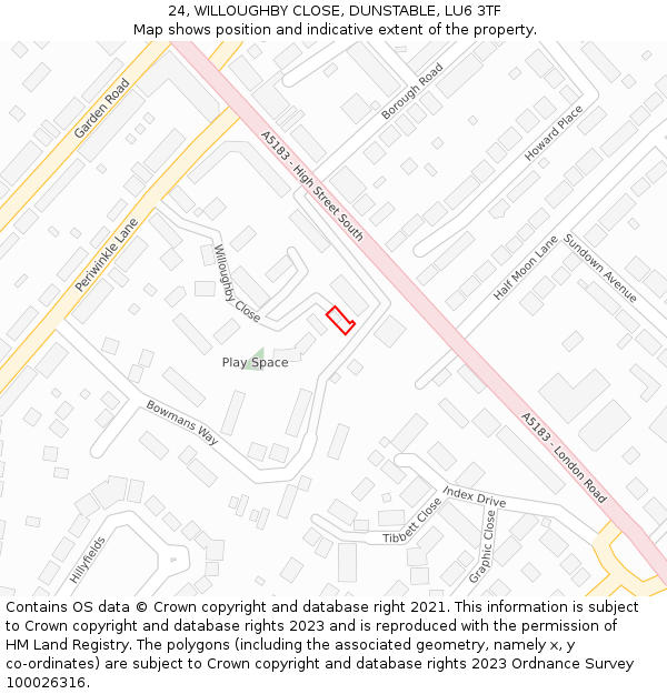 24, WILLOUGHBY CLOSE, DUNSTABLE, LU6 3TF: Location map and indicative extent of plot