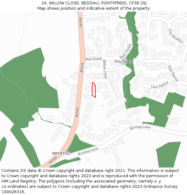 24, WILLOW CLOSE, BEDDAU, PONTYPRIDD, CF38 2SJ: Location map and indicative extent of plot