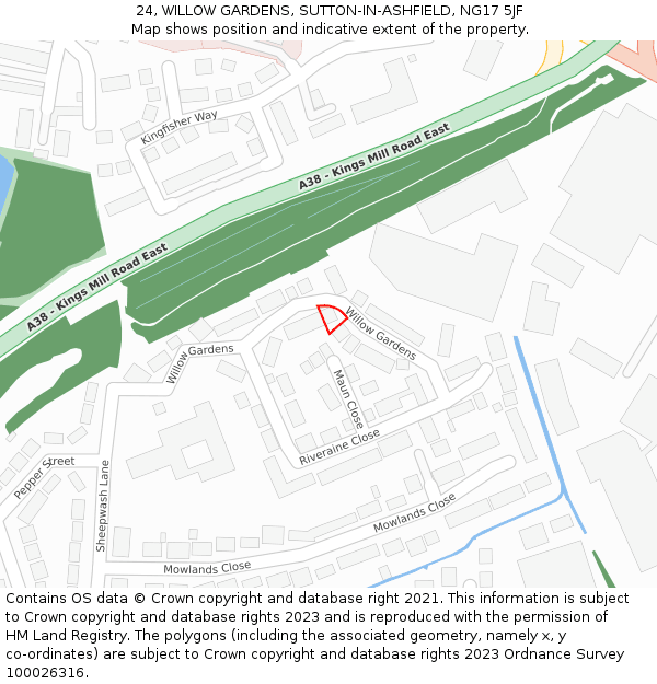 24, WILLOW GARDENS, SUTTON-IN-ASHFIELD, NG17 5JF: Location map and indicative extent of plot