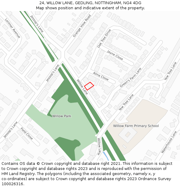 24, WILLOW LANE, GEDLING, NOTTINGHAM, NG4 4DG: Location map and indicative extent of plot