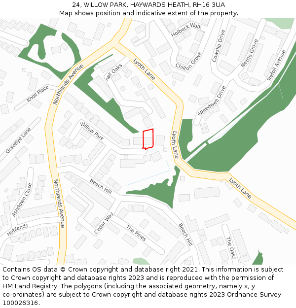 24, WILLOW PARK, HAYWARDS HEATH, RH16 3UA: Location map and indicative extent of plot