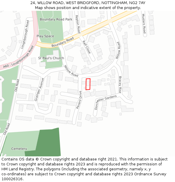 24, WILLOW ROAD, WEST BRIDGFORD, NOTTINGHAM, NG2 7AY: Location map and indicative extent of plot