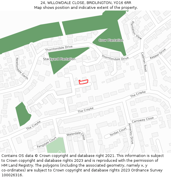 24, WILLOWDALE CLOSE, BRIDLINGTON, YO16 6RR: Location map and indicative extent of plot