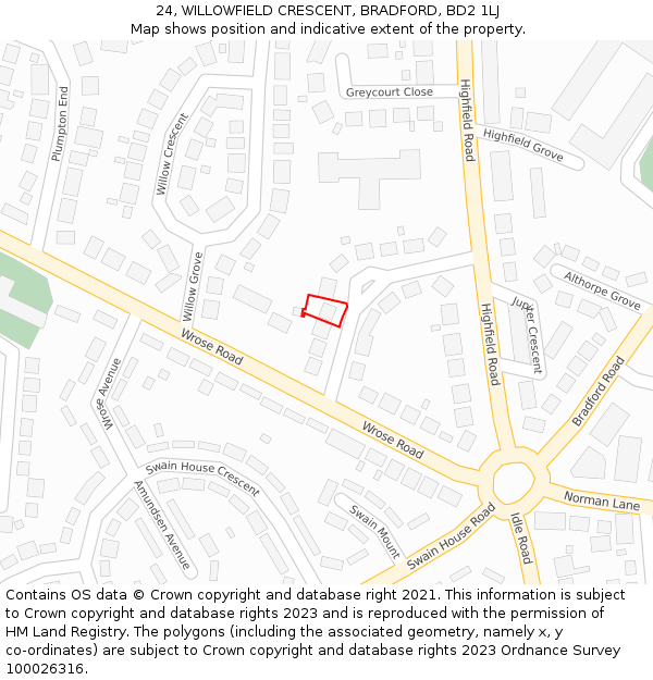 24, WILLOWFIELD CRESCENT, BRADFORD, BD2 1LJ: Location map and indicative extent of plot