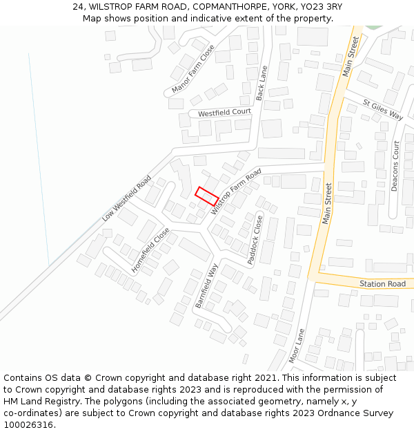 24, WILSTROP FARM ROAD, COPMANTHORPE, YORK, YO23 3RY: Location map and indicative extent of plot