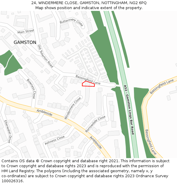 24, WINDERMERE CLOSE, GAMSTON, NOTTINGHAM, NG2 6PQ: Location map and indicative extent of plot