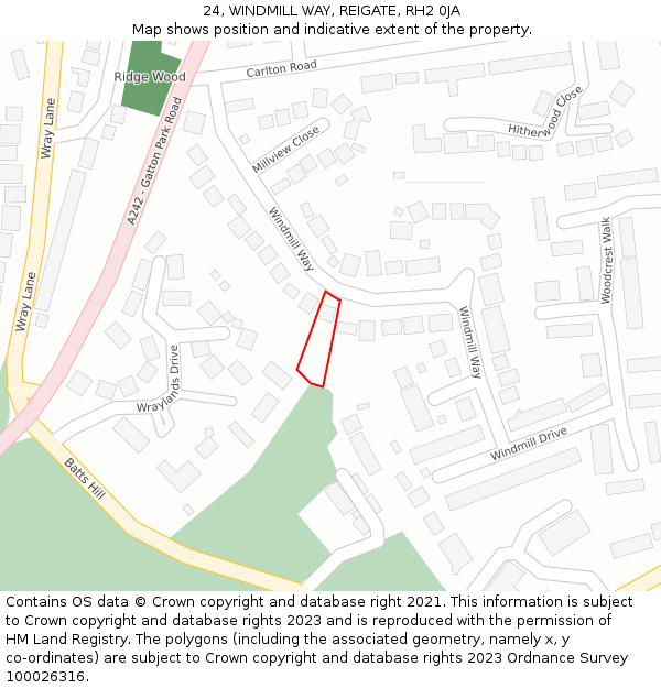 24, WINDMILL WAY, REIGATE, RH2 0JA: Location map and indicative extent of plot