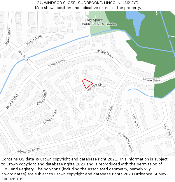 24, WINDSOR CLOSE, SUDBROOKE, LINCOLN, LN2 2YD: Location map and indicative extent of plot