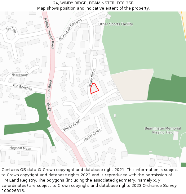 24, WINDY RIDGE, BEAMINSTER, DT8 3SR: Location map and indicative extent of plot