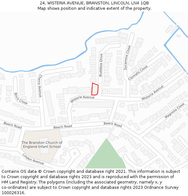 24, WISTERIA AVENUE, BRANSTON, LINCOLN, LN4 1QB: Location map and indicative extent of plot