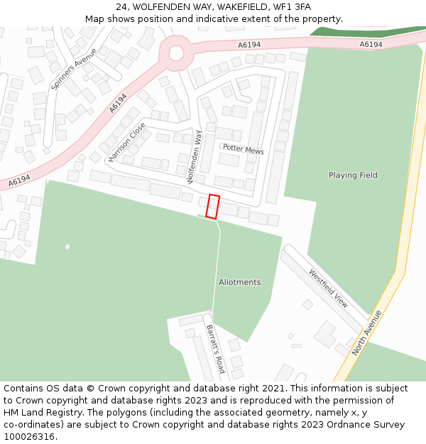 24, WOLFENDEN WAY, WAKEFIELD, WF1 3FA: Location map and indicative extent of plot