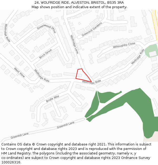 24, WOLFRIDGE RIDE, ALVESTON, BRISTOL, BS35 3RA: Location map and indicative extent of plot