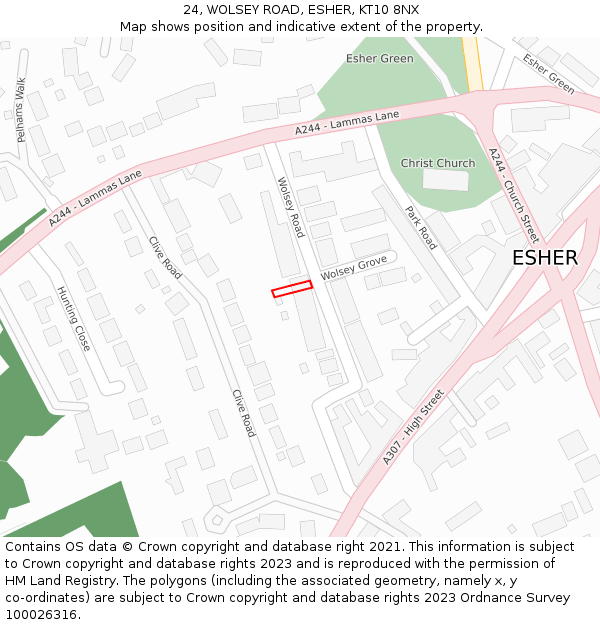 24, WOLSEY ROAD, ESHER, KT10 8NX: Location map and indicative extent of plot