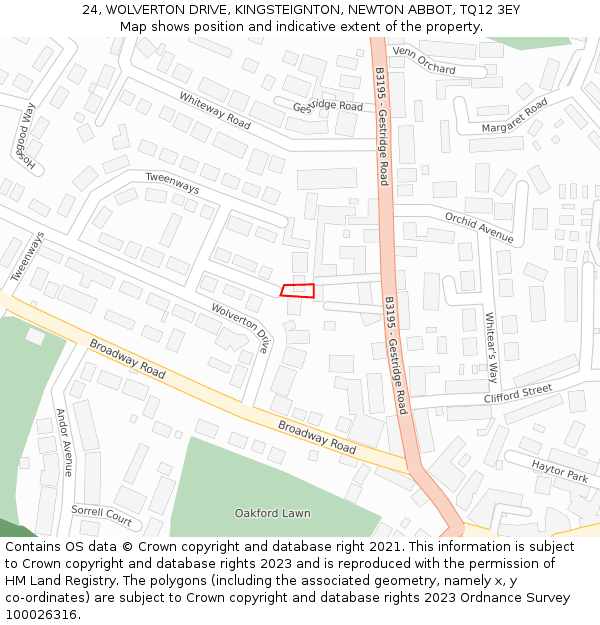 24, WOLVERTON DRIVE, KINGSTEIGNTON, NEWTON ABBOT, TQ12 3EY: Location map and indicative extent of plot