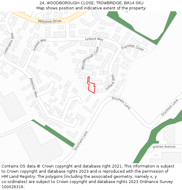 24, WOODBOROUGH CLOSE, TROWBRIDGE, BA14 0XU: Location map and indicative extent of plot