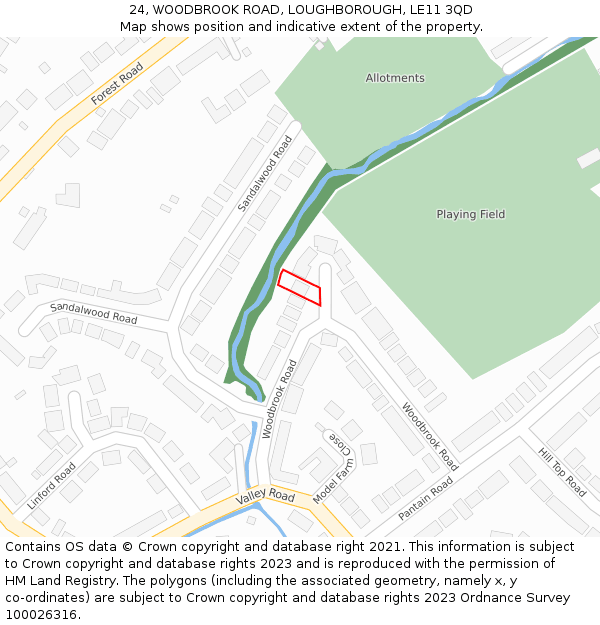 24, WOODBROOK ROAD, LOUGHBOROUGH, LE11 3QD: Location map and indicative extent of plot