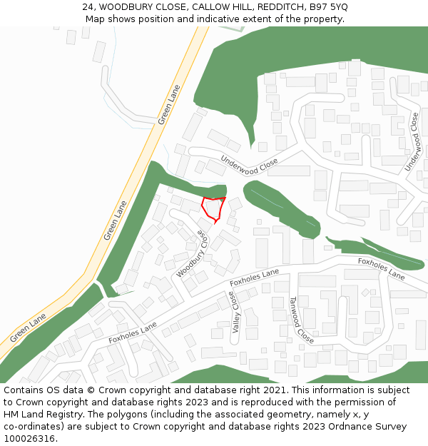 24, WOODBURY CLOSE, CALLOW HILL, REDDITCH, B97 5YQ: Location map and indicative extent of plot