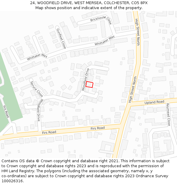24, WOODFIELD DRIVE, WEST MERSEA, COLCHESTER, CO5 8PX: Location map and indicative extent of plot