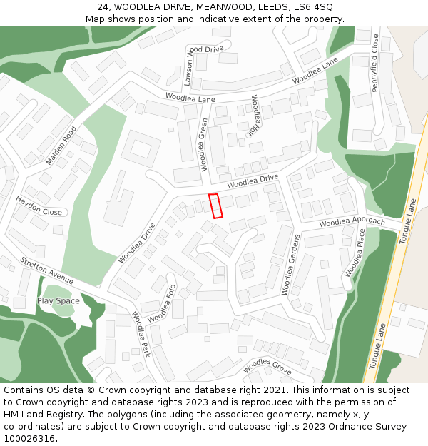 24, WOODLEA DRIVE, MEANWOOD, LEEDS, LS6 4SQ: Location map and indicative extent of plot