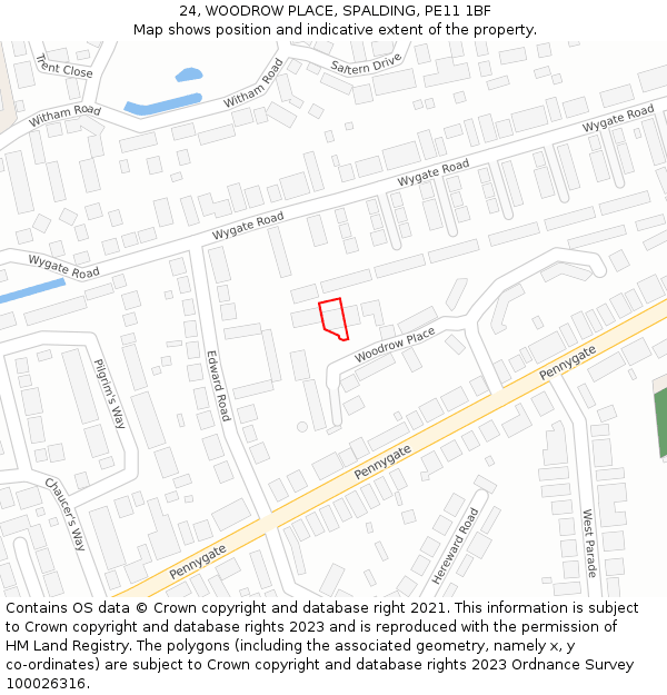 24, WOODROW PLACE, SPALDING, PE11 1BF: Location map and indicative extent of plot