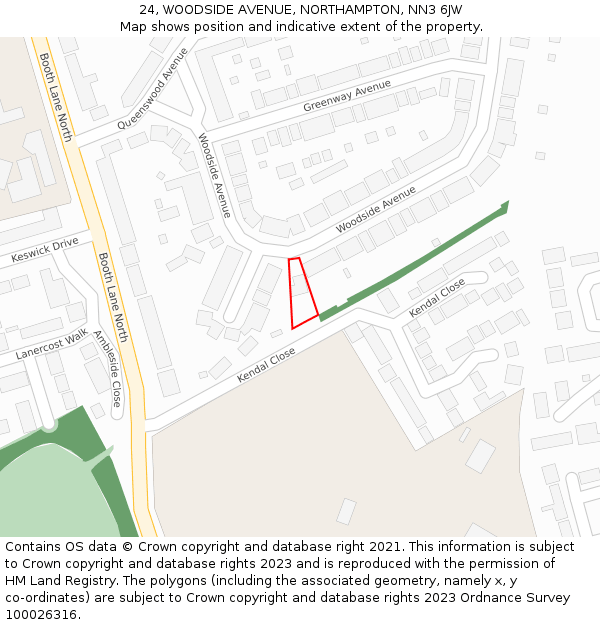 24, WOODSIDE AVENUE, NORTHAMPTON, NN3 6JW: Location map and indicative extent of plot