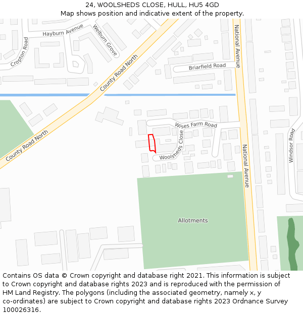 24, WOOLSHEDS CLOSE, HULL, HU5 4GD: Location map and indicative extent of plot