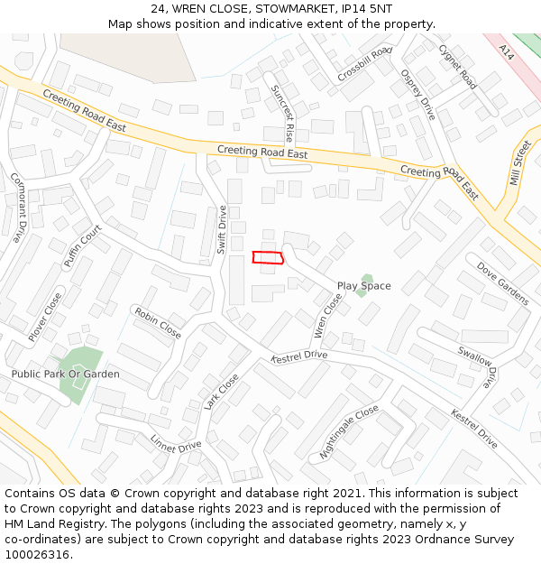 24, WREN CLOSE, STOWMARKET, IP14 5NT: Location map and indicative extent of plot
