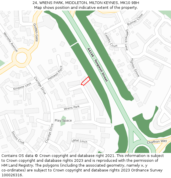 24, WRENS PARK, MIDDLETON, MILTON KEYNES, MK10 9BH: Location map and indicative extent of plot