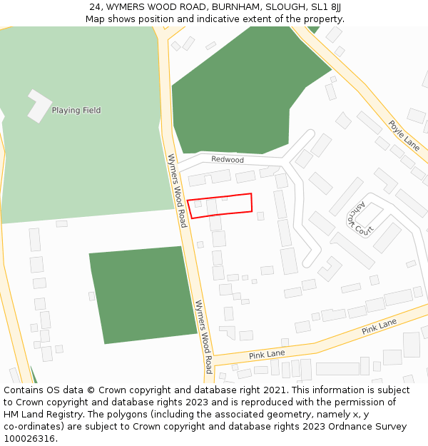 24, WYMERS WOOD ROAD, BURNHAM, SLOUGH, SL1 8JJ: Location map and indicative extent of plot