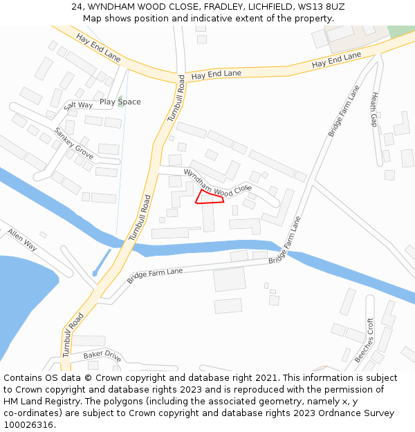 24, WYNDHAM WOOD CLOSE, FRADLEY, LICHFIELD, WS13 8UZ: Location map and indicative extent of plot