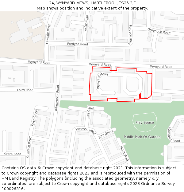 24, WYNYARD MEWS, HARTLEPOOL, TS25 3JE: Location map and indicative extent of plot