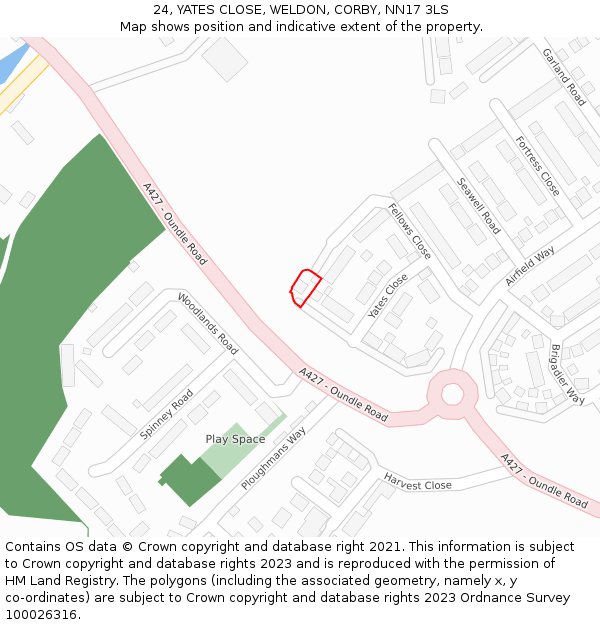 24, YATES CLOSE, WELDON, CORBY, NN17 3LS: Location map and indicative extent of plot