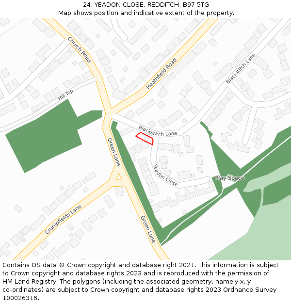 24, YEADON CLOSE, REDDITCH, B97 5TG: Location map and indicative extent of plot