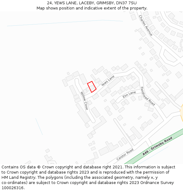 24, YEWS LANE, LACEBY, GRIMSBY, DN37 7SU: Location map and indicative extent of plot