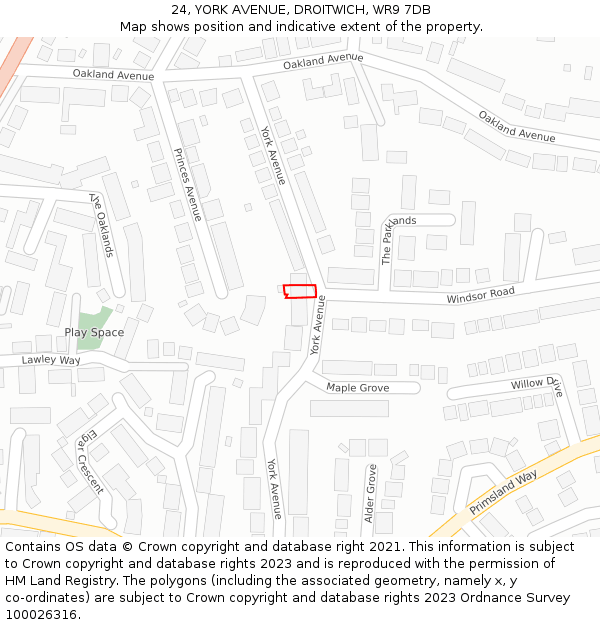 24, YORK AVENUE, DROITWICH, WR9 7DB: Location map and indicative extent of plot