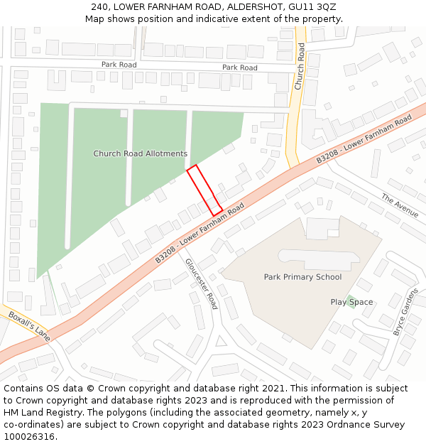 240, LOWER FARNHAM ROAD, ALDERSHOT, GU11 3QZ: Location map and indicative extent of plot