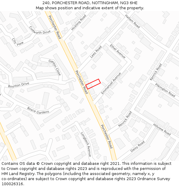 240, PORCHESTER ROAD, NOTTINGHAM, NG3 6HE: Location map and indicative extent of plot