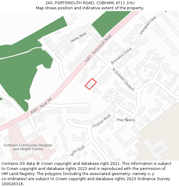 240, PORTSMOUTH ROAD, COBHAM, KT11 1HU: Location map and indicative extent of plot