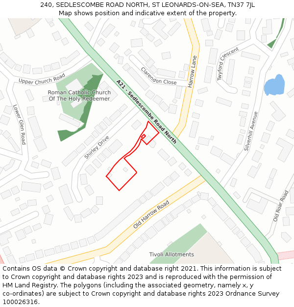 240, SEDLESCOMBE ROAD NORTH, ST LEONARDS-ON-SEA, TN37 7JL: Location map and indicative extent of plot